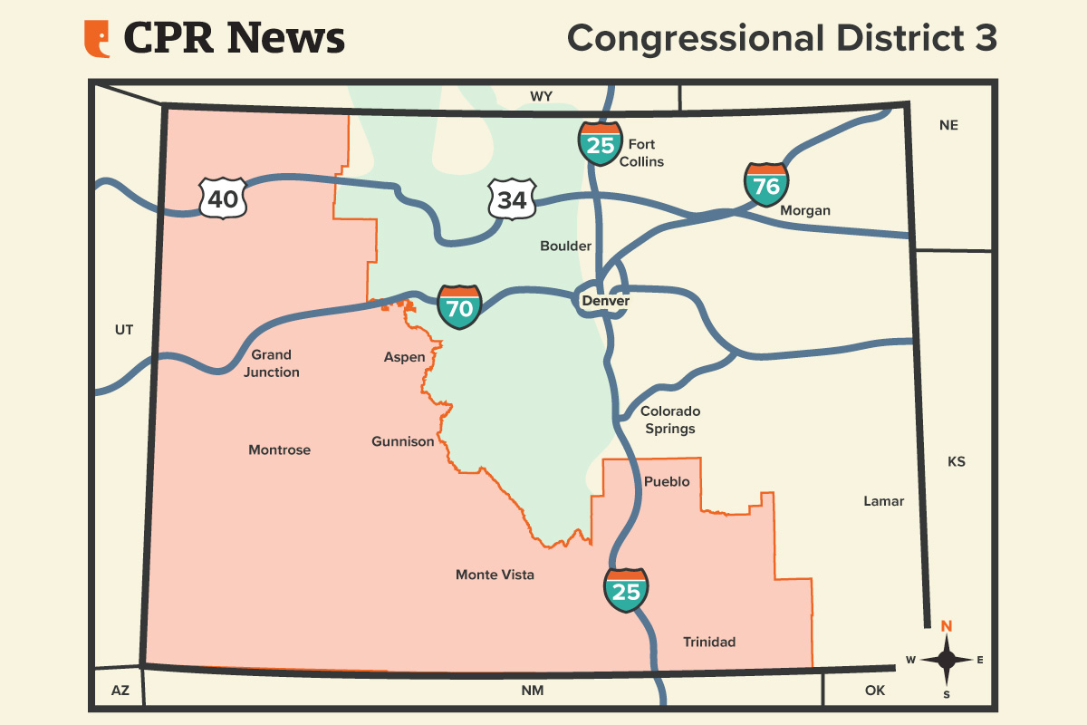 A map of Colorado's 3rd congressional district, including the DIA area and the rest of Denver county, wrapping the southwest corner of the state, including Grand Junction, Montrose, Aspen, Gunnison, Monte Vista, Pueblo and Trinidad.