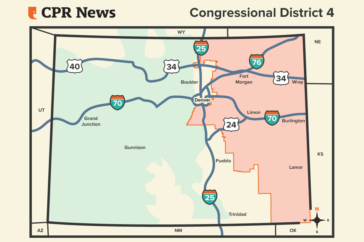 A map of Colorado's 4th congressional district, spanning the eastern third of the state, including Fort Collins, Fort Morgan, Wray, Limon, Burlington, and Lamar.