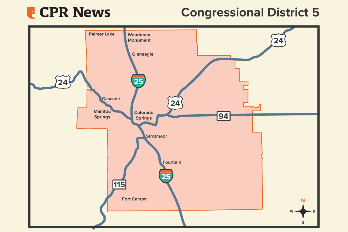 A map of Colorado's 5th congressional district, including Palmer Lake, Woodmor, Monumnet, Gleneagle, Cascade, Manitou Springs, Colorado Springs, Stratmoor, Fountain and Fort Carson.