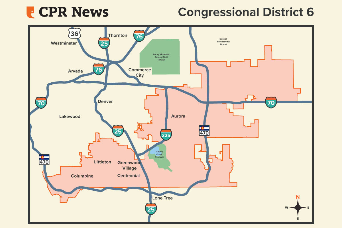 A map of Colorado's 6th congressional district, including Aurora, Greenwood Village, Centennial, Littleton and Columbine.