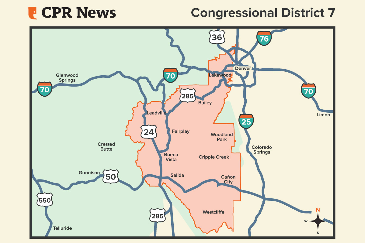 A map of Colorado's 7th congressional district, including Lakewood, Bailey, Woodland Park, Cripple Creek, Cañon City, Westcliffe, Salida, Buena Vista, Fairplay and Leadville.