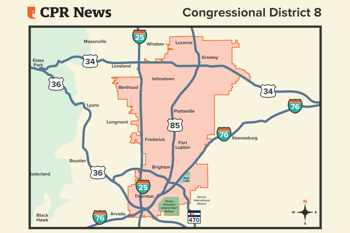 A map of Colorado's 8th congressional district, including Lucerne, Greely, Johnstown, Berthoud, Platteville, Frederick, Fort Lupton, Brighton and Thornton.