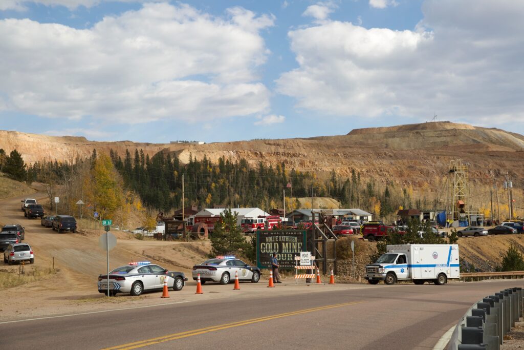 First responders block the entrance to the Mollie Kathleen Gold Mine