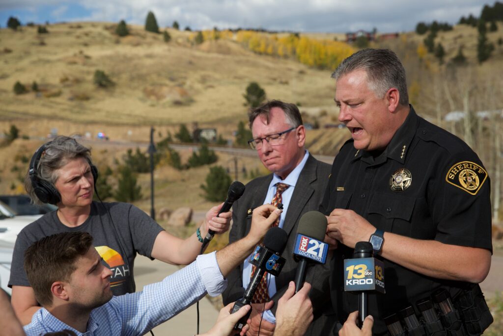 Teller County Sheriff Jason Mikesel speaks during a news conference about an accident at the Mollie Kathleen Gold Mine near Cripple Creek.