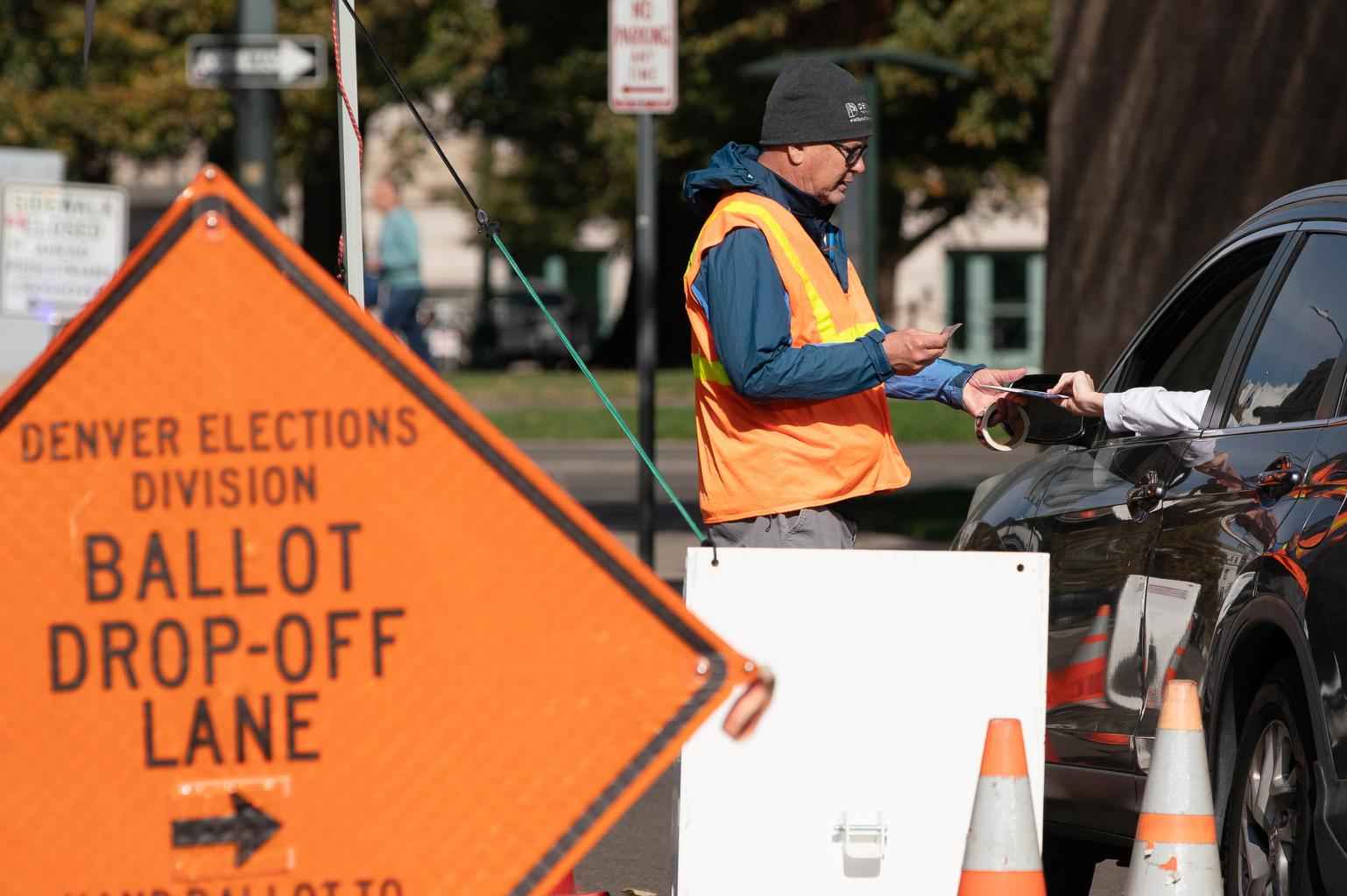 The Denver Elections Division drive-through ballot drop on Bannock Street