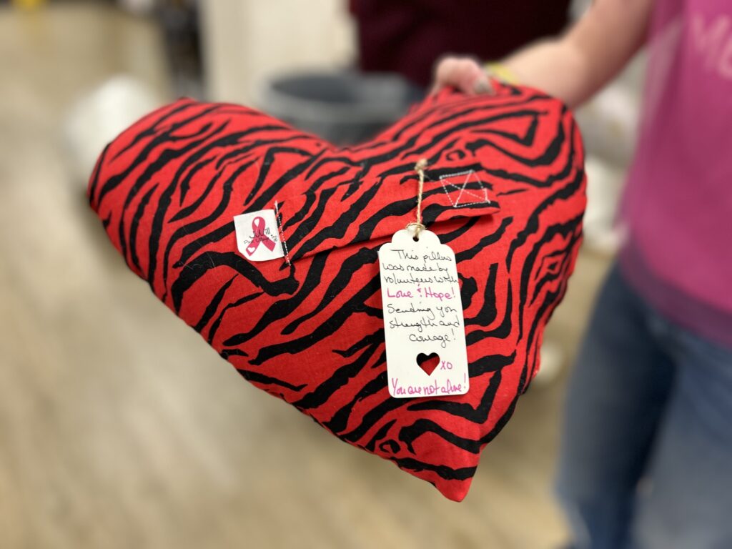 A heart hear shaped pillow with black stripes.