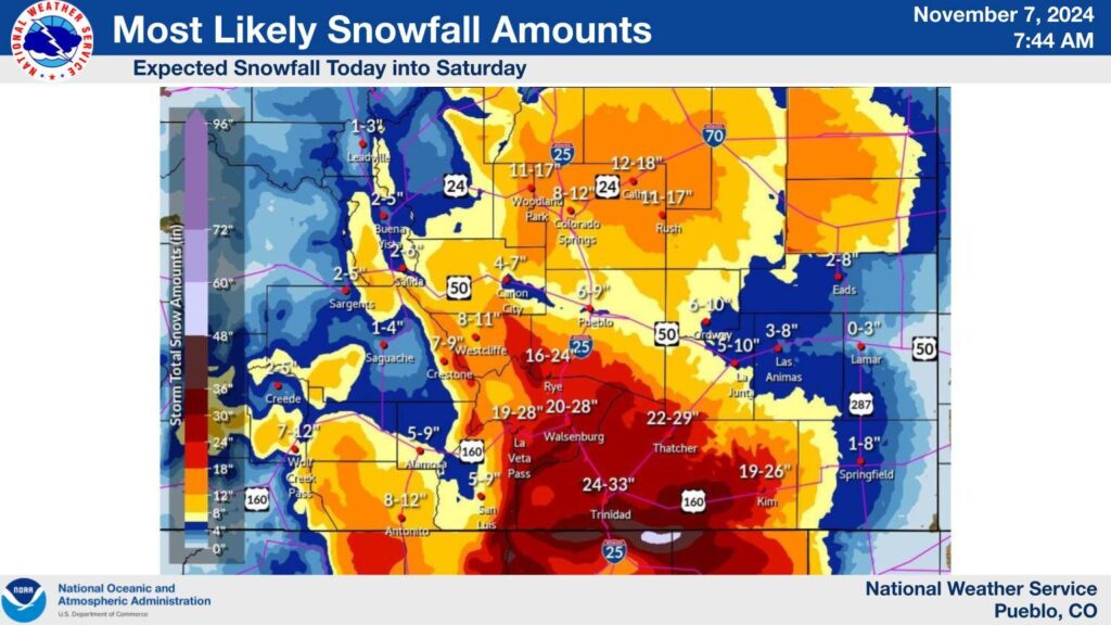 Additional snow totals for Southern Colorado through Saturday, Nov. 9, 2024.