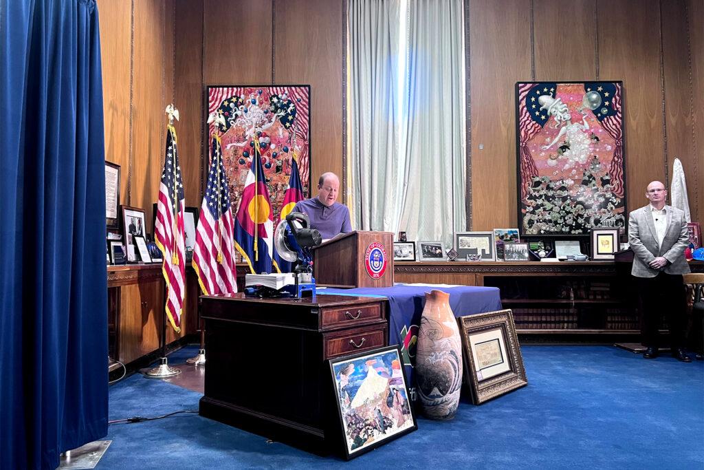 Governor Jared Polis holds a media conference to announcing the repealing of old executive orders