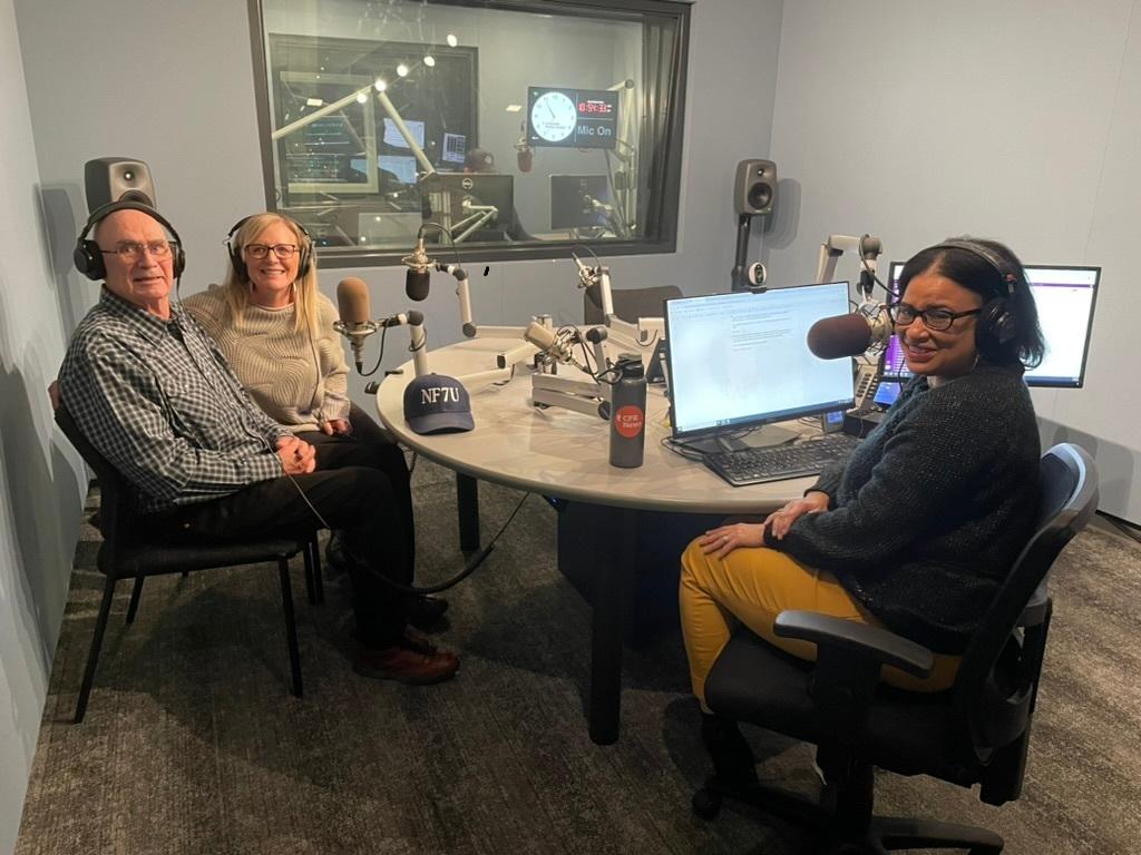 Mel Brown and his adult daughter, Bev, are seen in the CPR News studio with Colorado Matters host Chandra Thomas Whitfield.