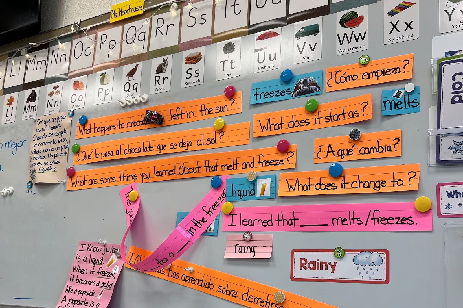 A whiteboard in a classroom with English lessons for non-English speaking students