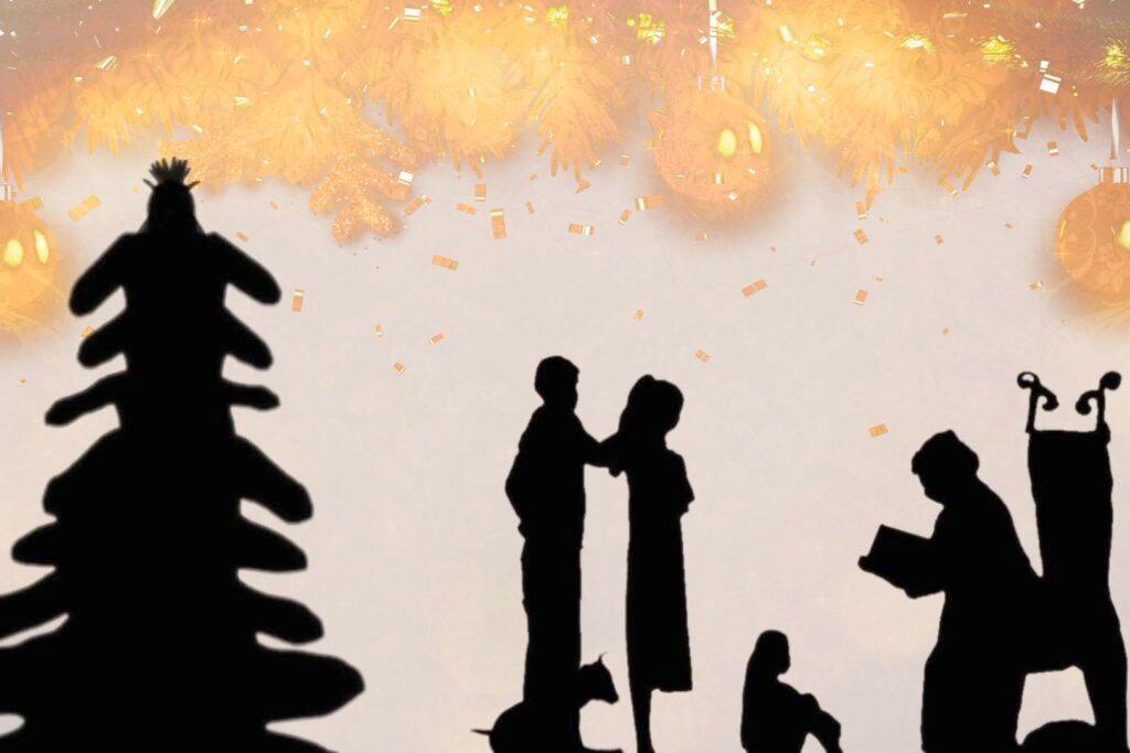 The silhouettes of dangers projected on a glowing screen create a family standing together, with a Christmas tree on one side and someone reading from a book on the other.