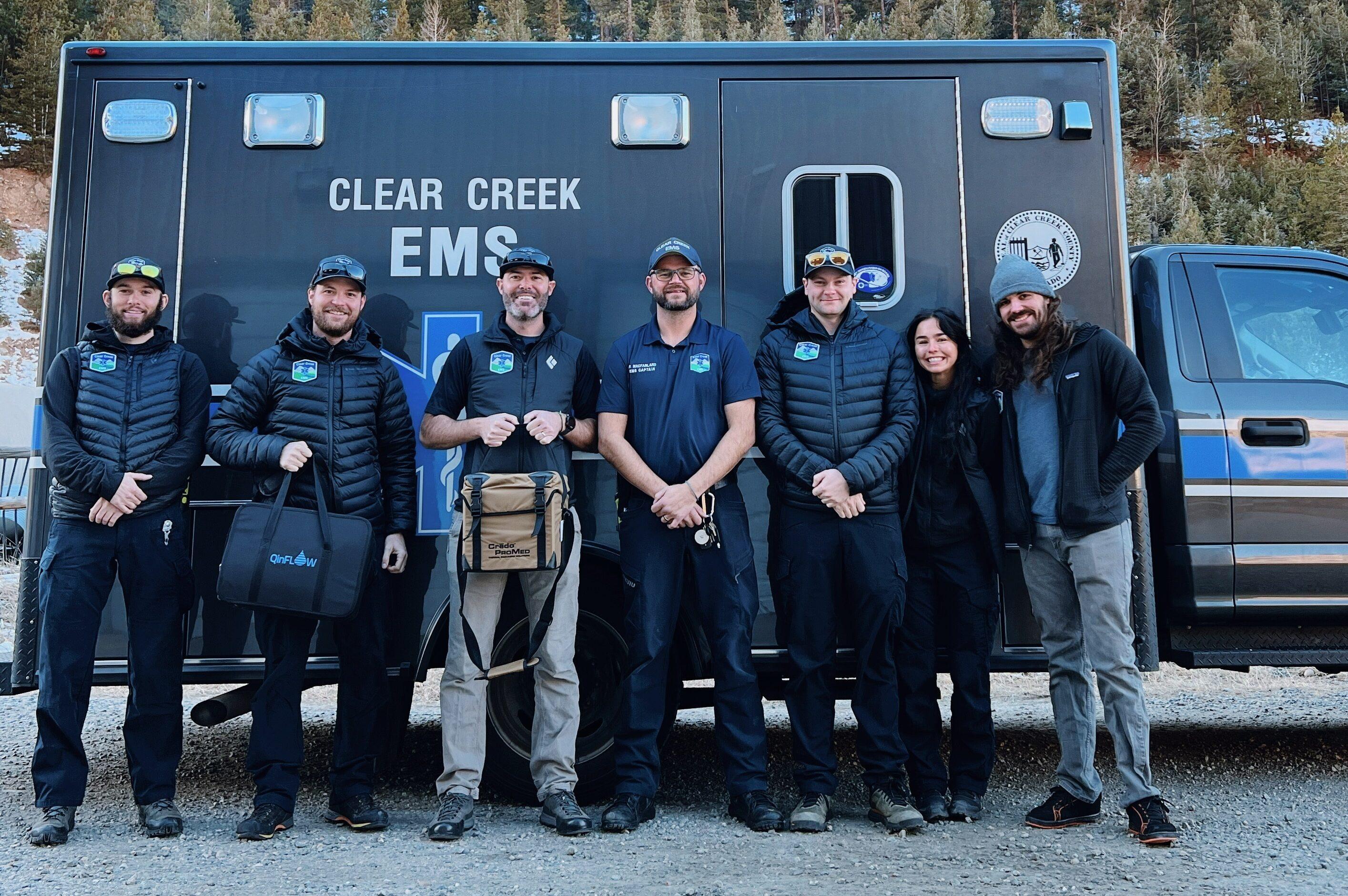 Photo shows a team of medics in Clear Creek County standing in front of an EMS truck.