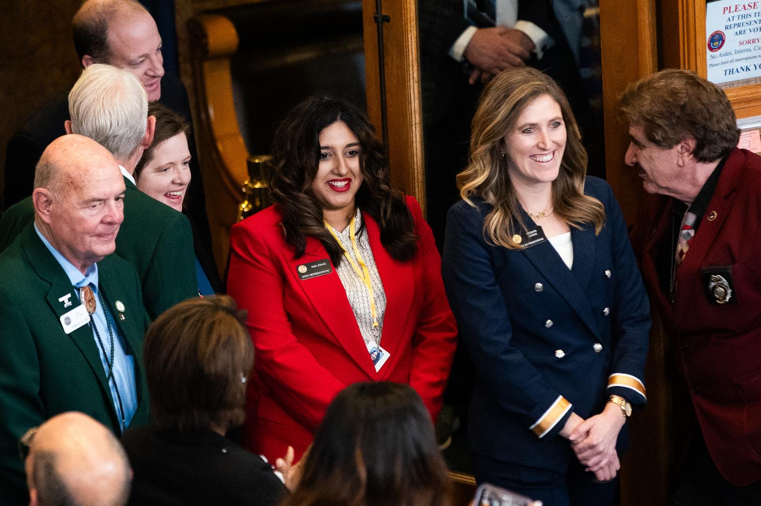 State Reps. Yara Zokaie, left, and Meghan Lukens