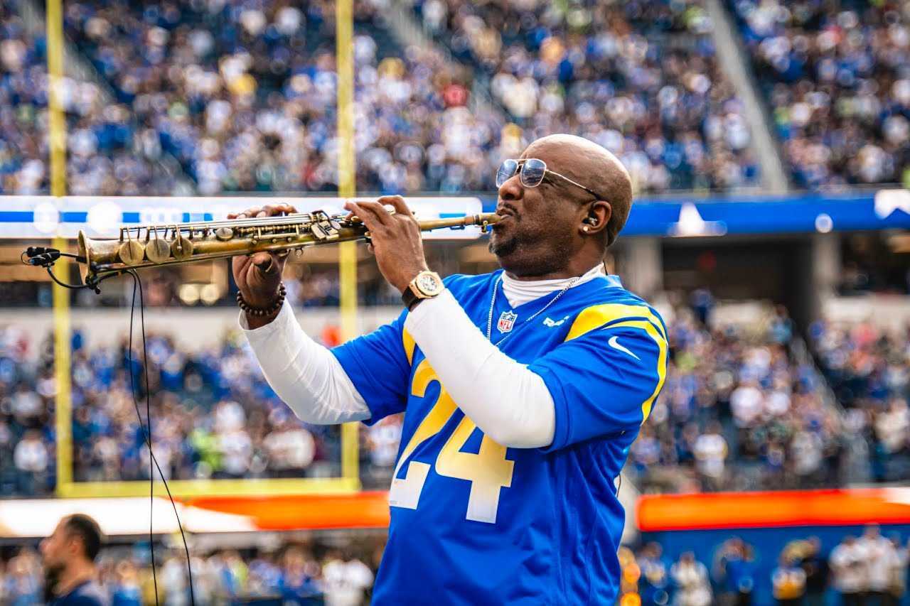 Colorado jazz musician Tony Exum, Jr. is shown performing the National Anthem on his soprano saxophone at SoFi Stadium in Inglewood, California Jan. 5, 2025 before the Rams/Seahawks game