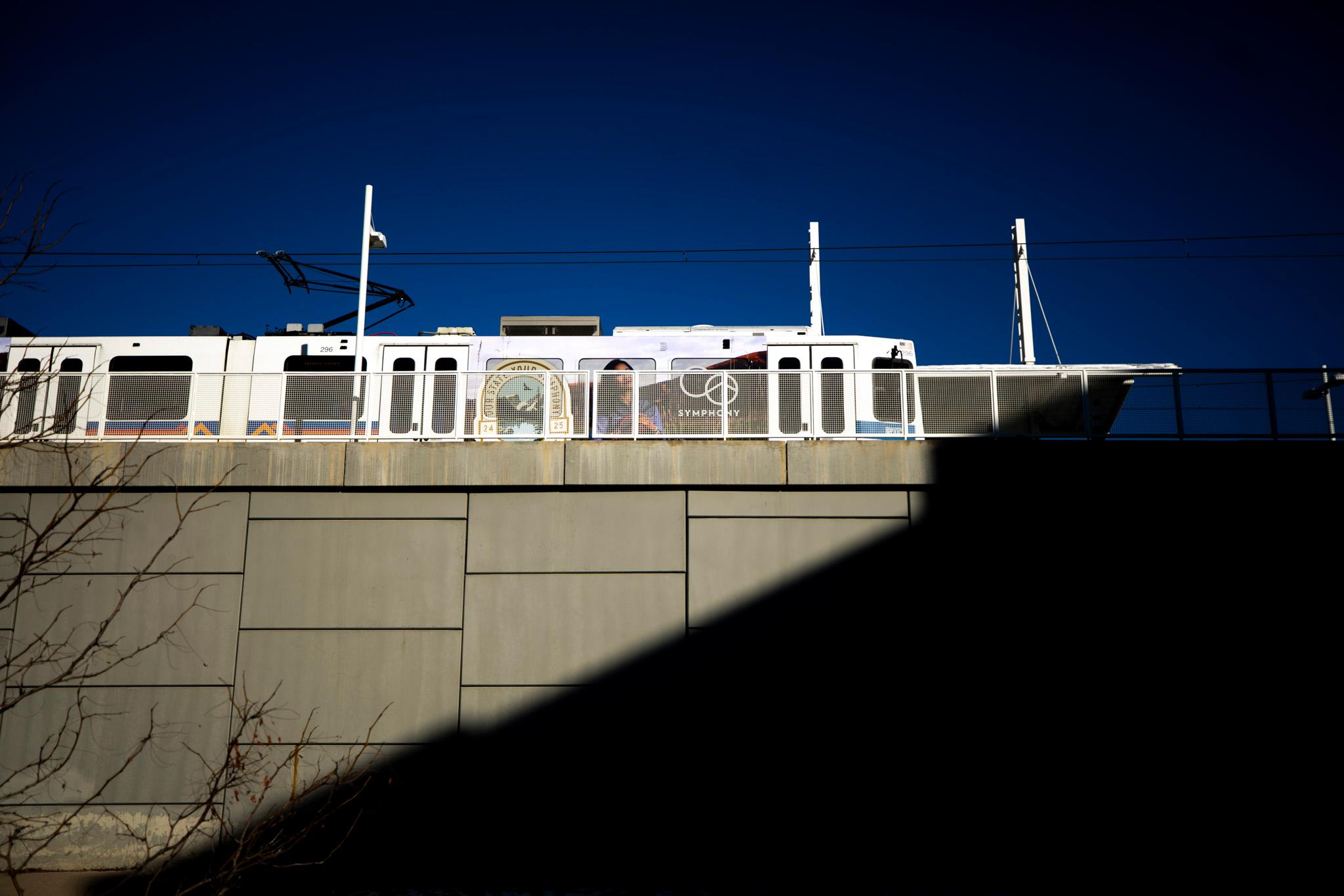 An RTD train sits at the Yale Avenue