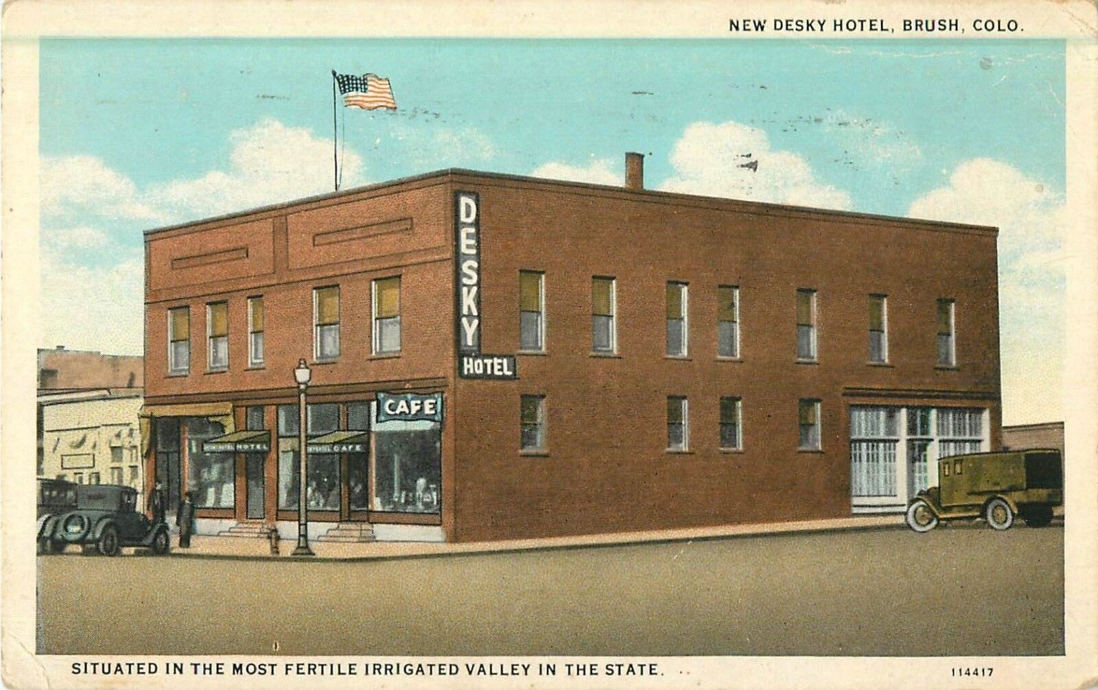 A postcard shows the historic Knearl block and Opera House on Main Street in Brush, CO.