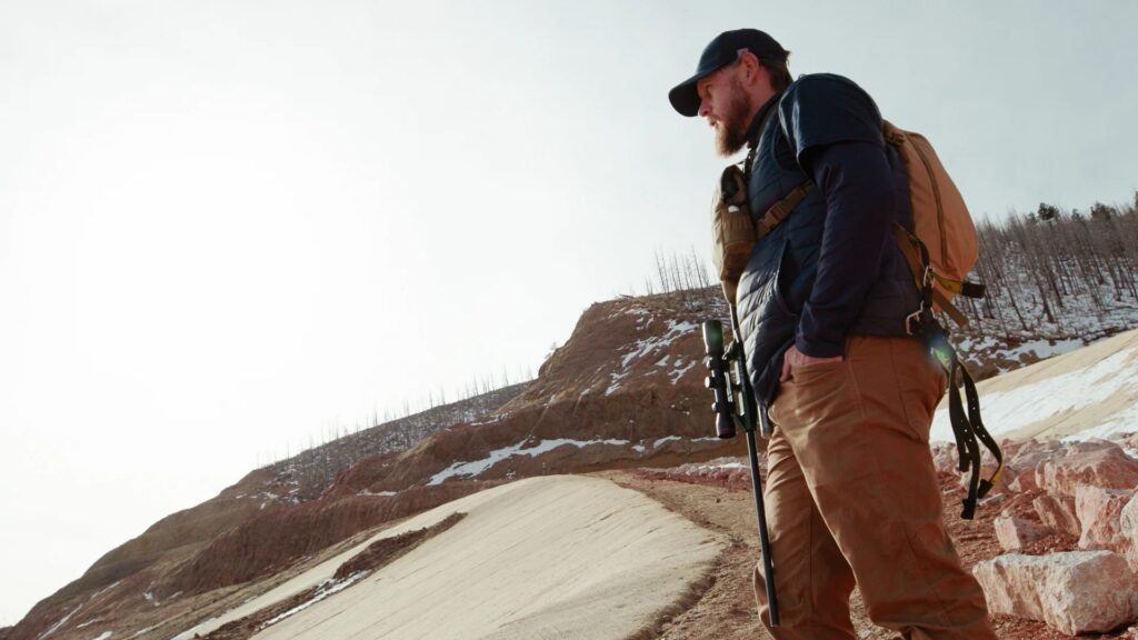 Ty Woodward at the Pikeview Quarry with snow on the ground around him