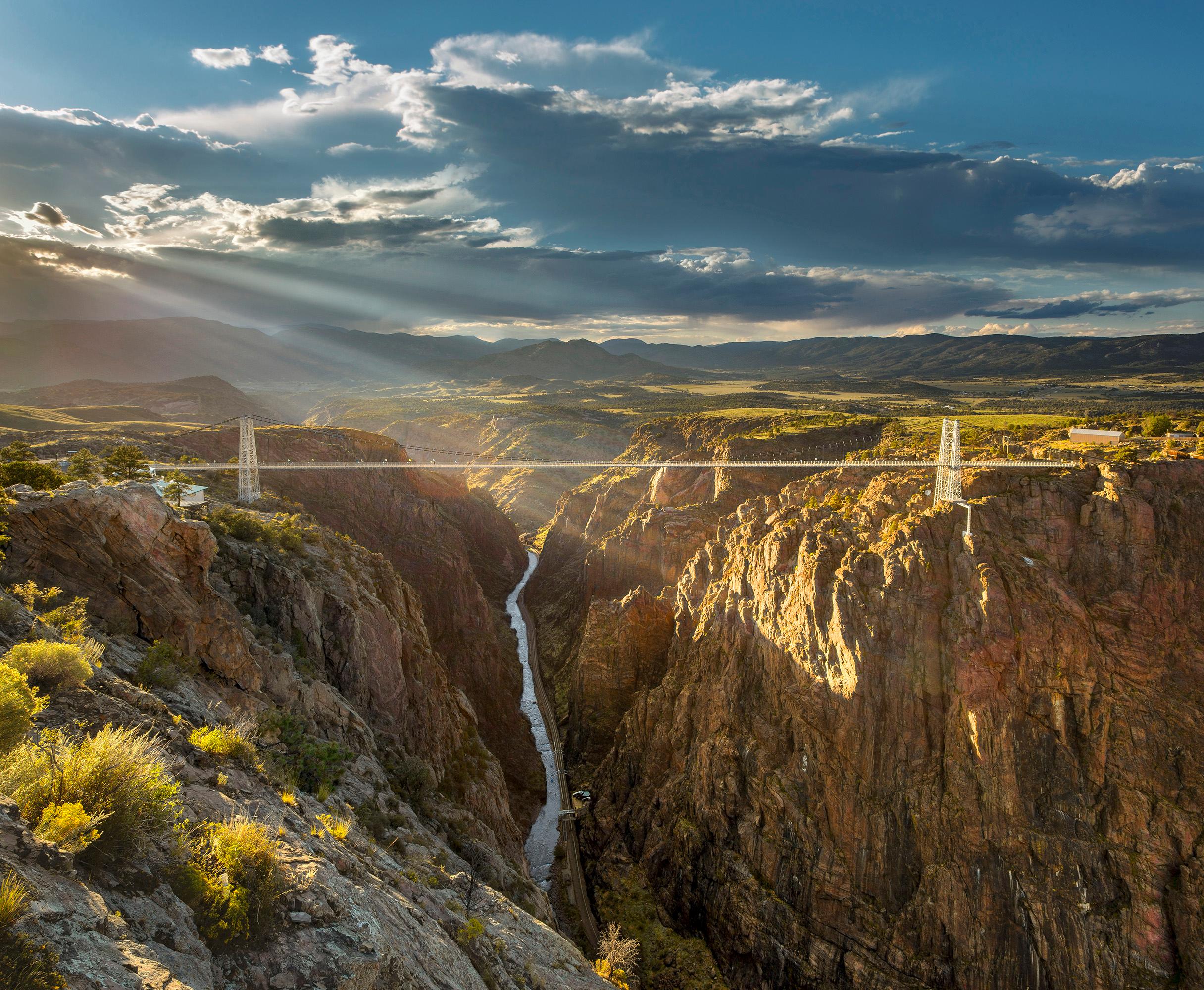 Sunbeams shine on the Royal Gorge Bridge