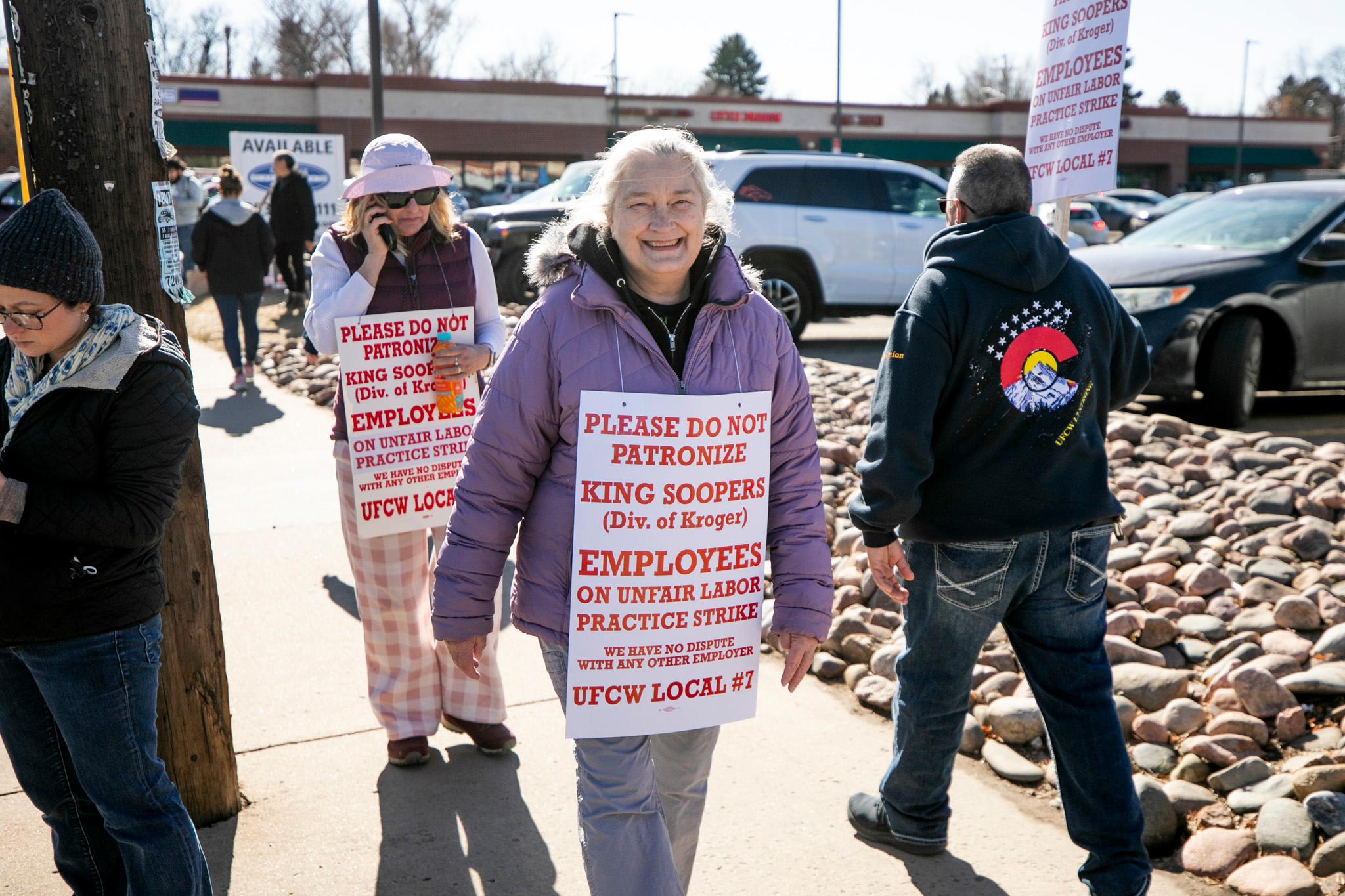 Linda Largent, a former King Soopers employee pickets