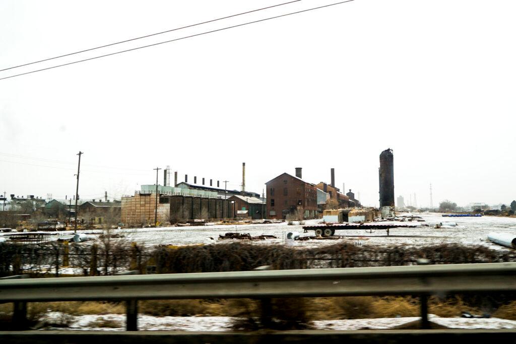 Smokestacks and industrial buildings are part of Pueblo’s steel mill complex.