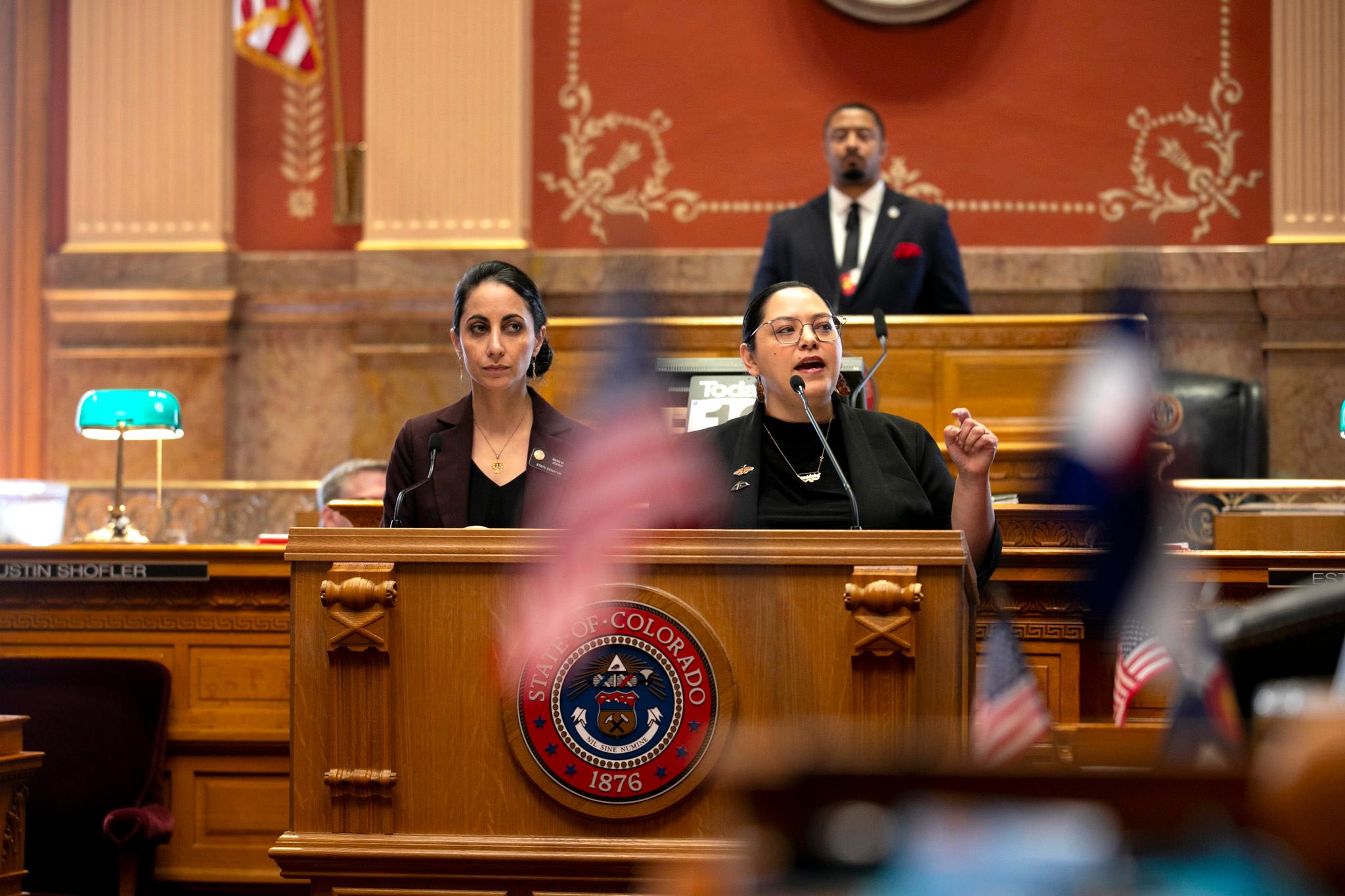 Senators Julie Gonzales (right) and Iman Jodeh speak