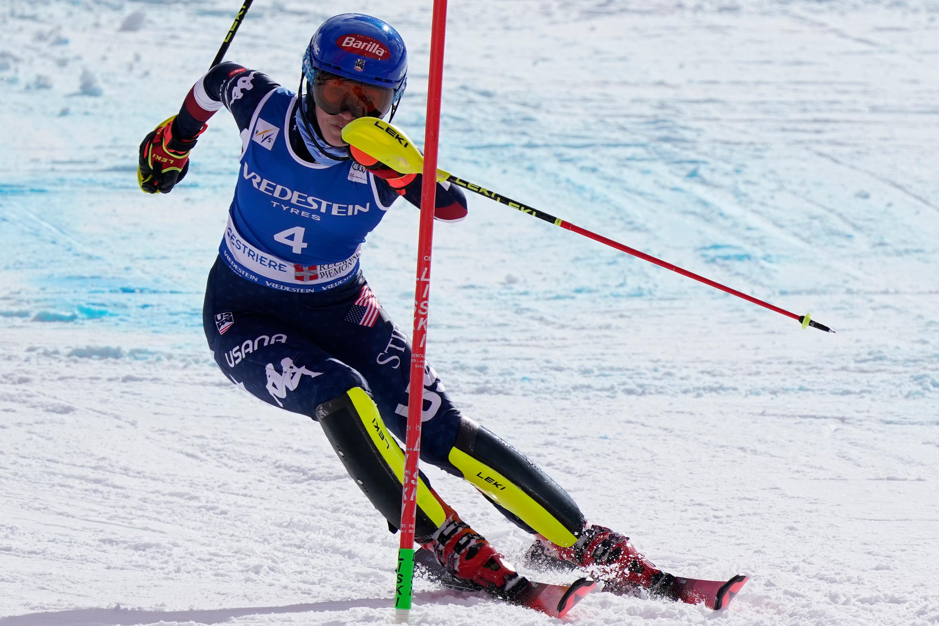 Mikaela Shiffrin competes in alpine ski race in Italy.