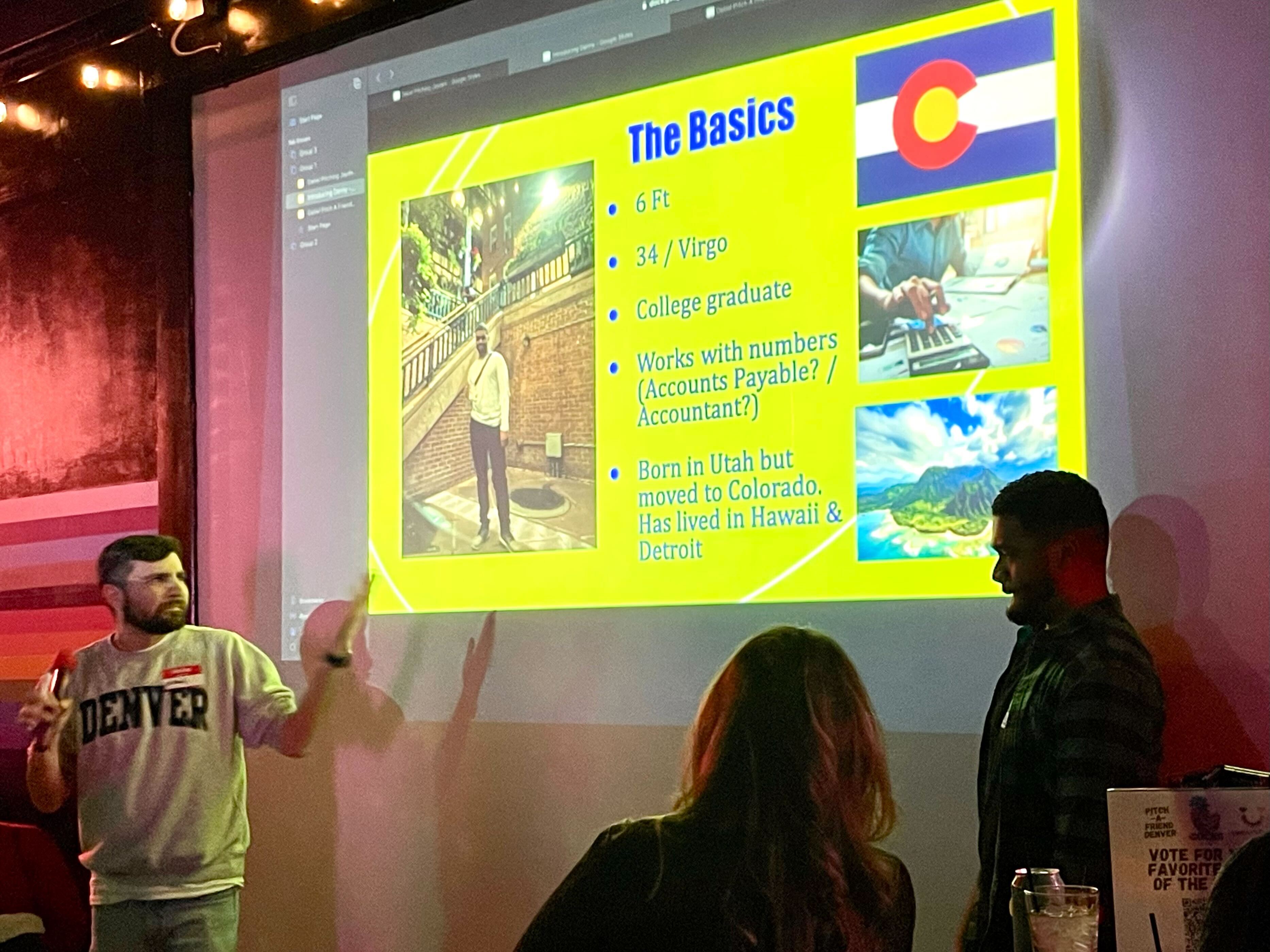 Two friends stand before a screen at a bar on Colfax for Pitch-A-Friend.