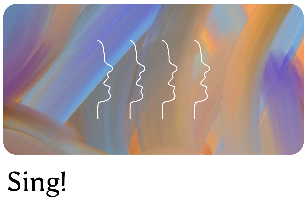 On a colorful background, a line drawing of the profile of four human faces facing to the right and singing