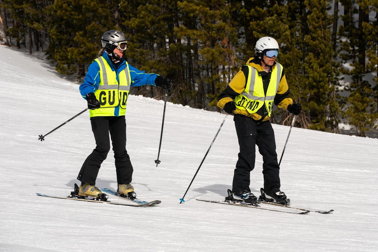 Ignite athlete Noah Palmer, who is blind, skis at Eldora guided