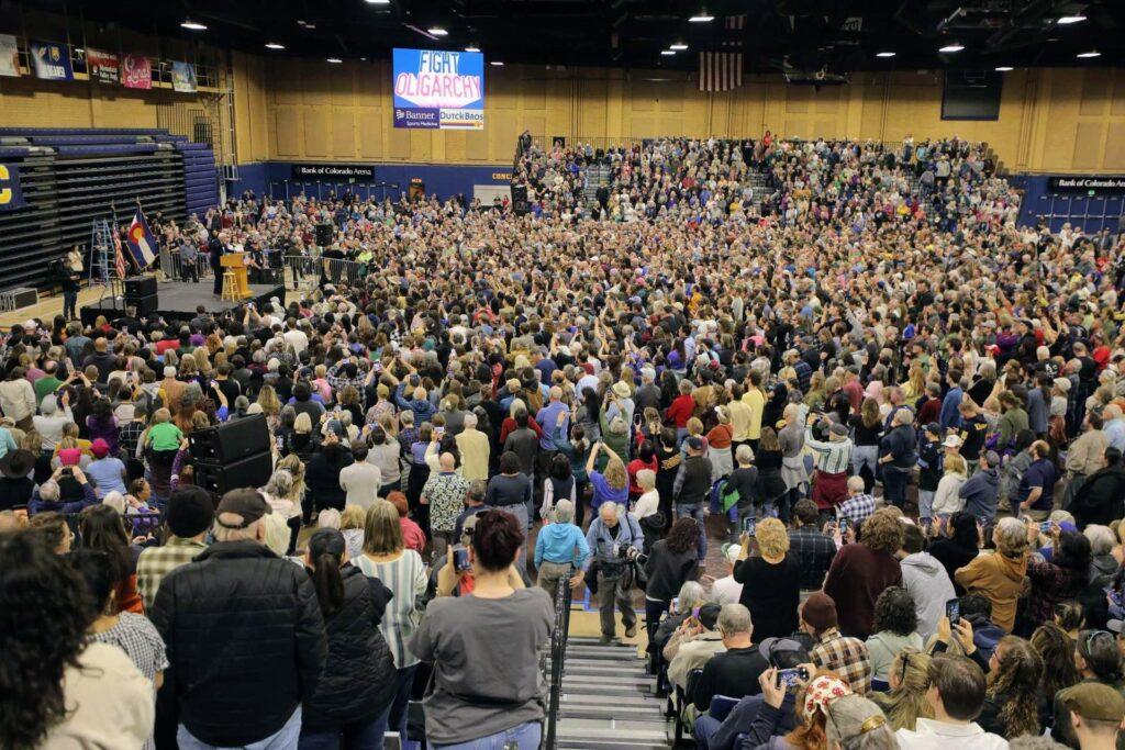 A wide shot of the packed Bank of Colorado Arena in Greeley