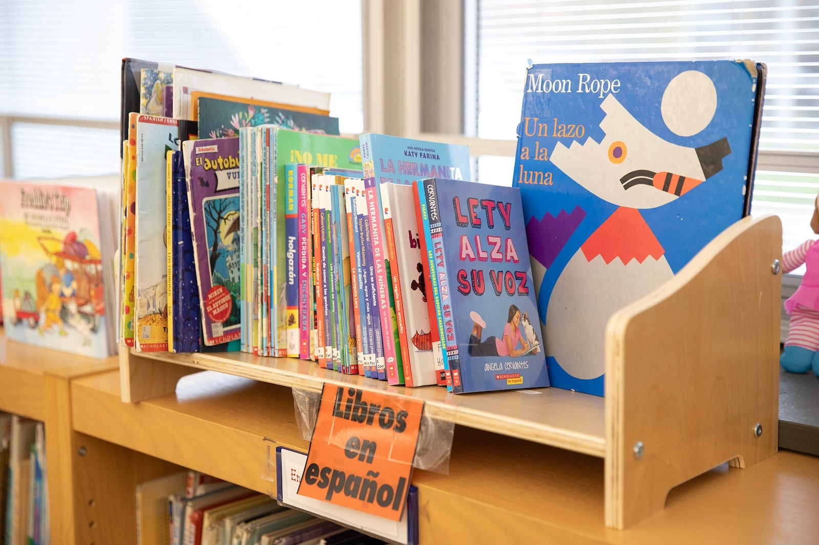 Children's books on a shelf