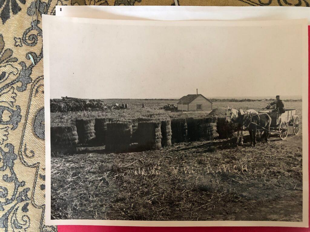 a copy of an old black and white photo resting on patterned fabric